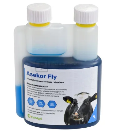 Niebieski preparat w butelce Asekor Fly 600 ml odstraszający owady