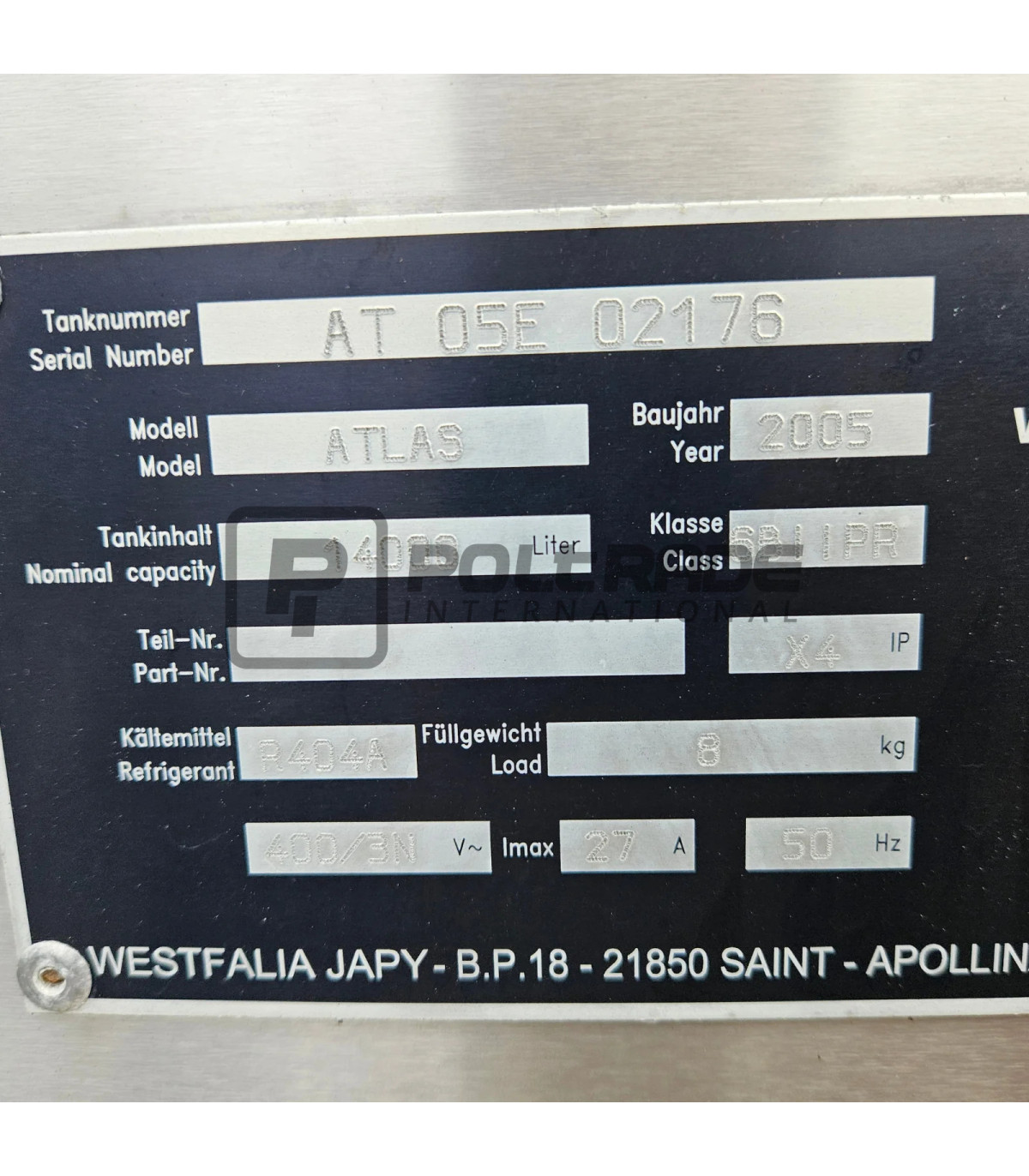 Zbiornik na mleko Japy Atlas EXPERT 14000L - tabliczka znamionowa
