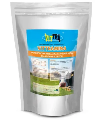 Opakowanie 1 kg mieszanki paszowej Vittramina, poporodowej suplementacji dla krów mlecznych.
