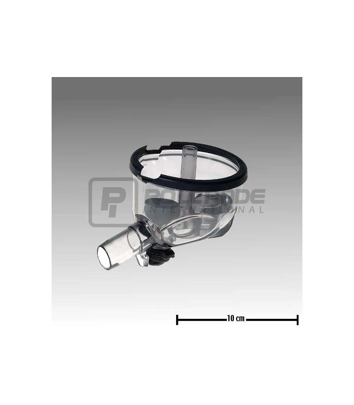 Przezroczysta dolna część obudowy kolektora z zaworem marki Westfalia GEA, z miarą 10 cm.