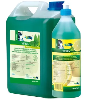Opakowanie 5l i 1l koncentratu do mycia urządzeń Vitruś, o zapachu miętowym i cytrynowym.