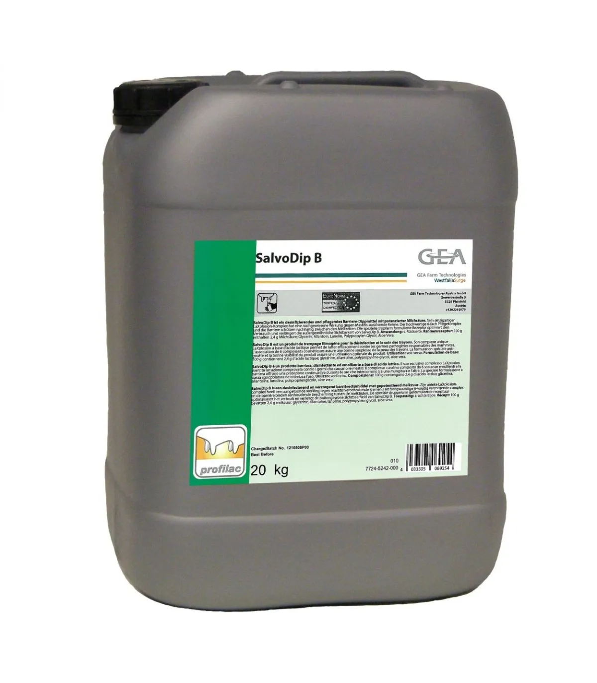 Kanister 20 kg płynu do dippingu SalvoDip B marki GEA, w szarym opakowaniu z zieloną etykietą.