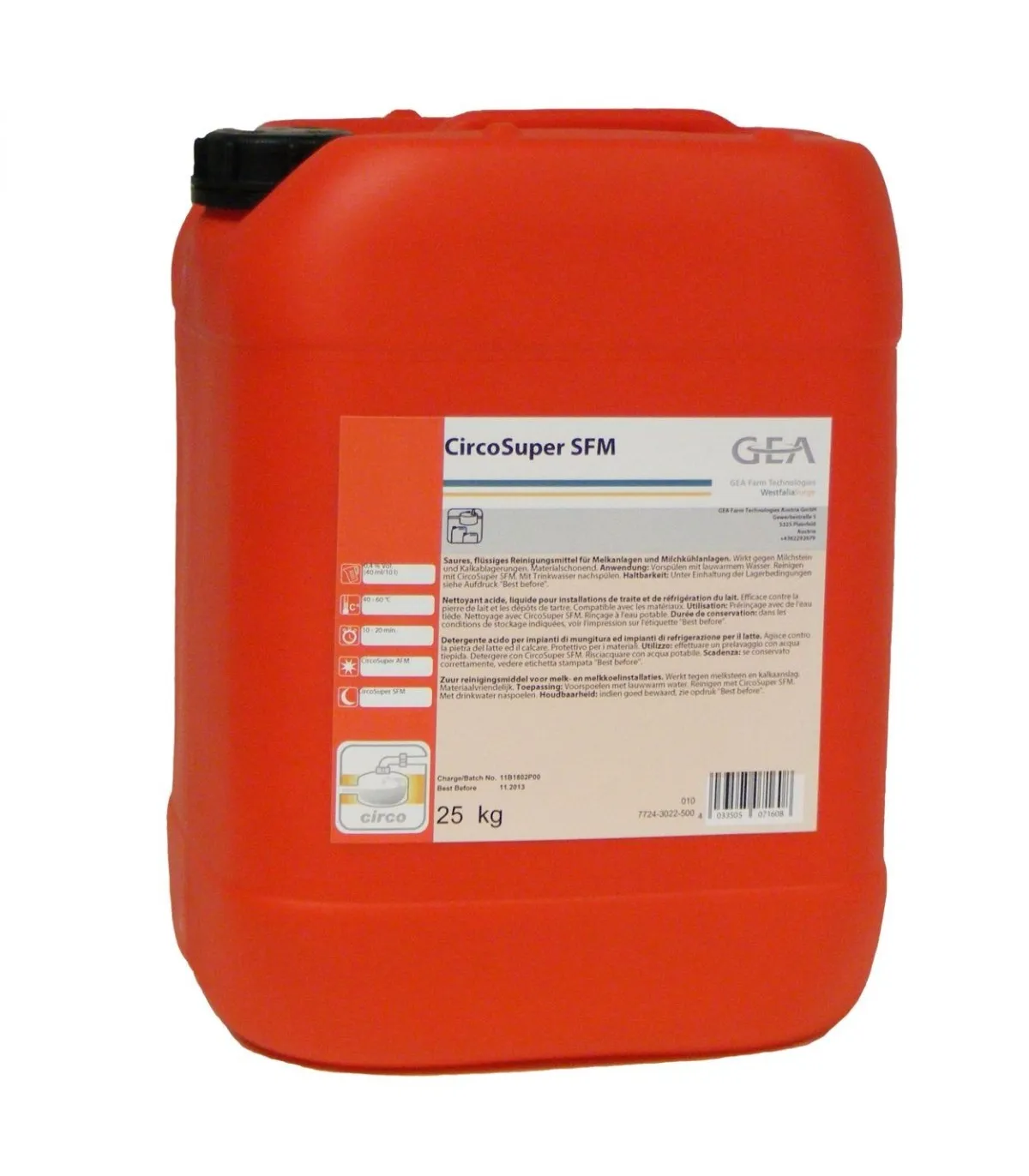 Kanister z płynem do mycia dojarek i schładzalników do mleka CircoSuper SFM GEA 25 kg.