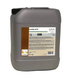 Kanister 20 kg preparatu do dezynfekcji wymion LuxDip 50B marki GEA, w szarym opakowaniu.