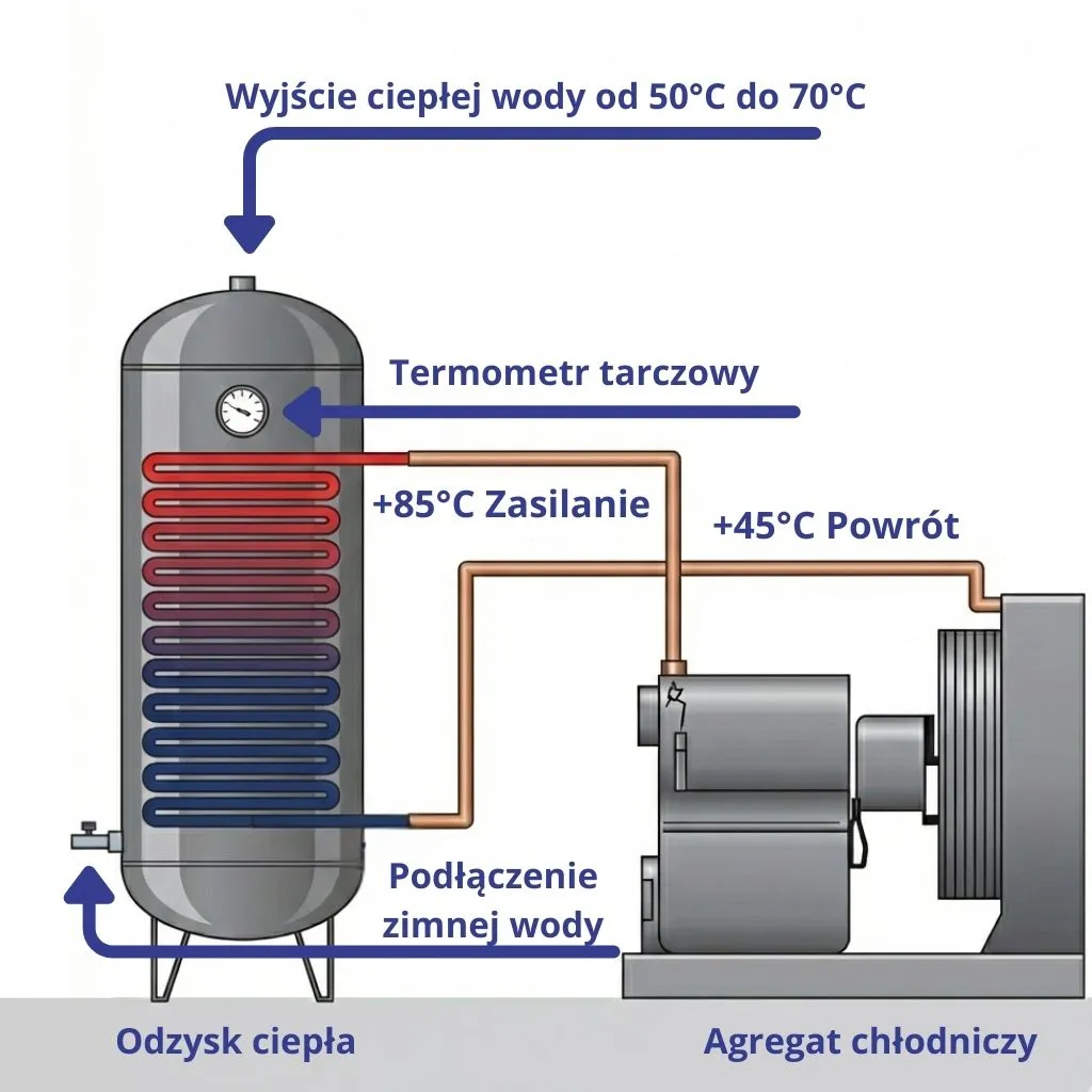 Schemat odzysku ciepła ze schładzalnika mleka